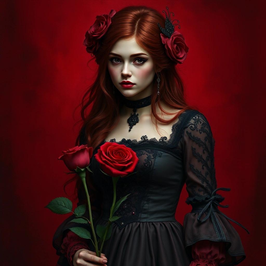 Image with seed 4189157938 generated via Stable Diffusion through @stablehorde@sigmoid.social. Prompt: Young Lady Rose Red, fairytale, dark fantasy, gothic, roccocopunk, romantigoth, new romantic