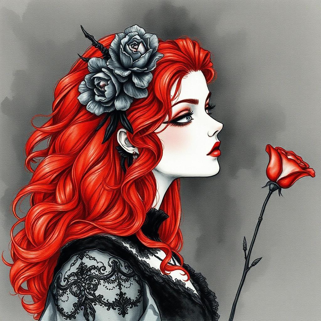 Image with seed 1403723507 generated via Stable Diffusion through @stablehorde@sigmoid.social. Prompt: Young Lady Rose Red, ginger hair, fairytale, dark fantasy, gothic, roccocopunk, romantigoth, new romantic, watercolour on black ink drawing