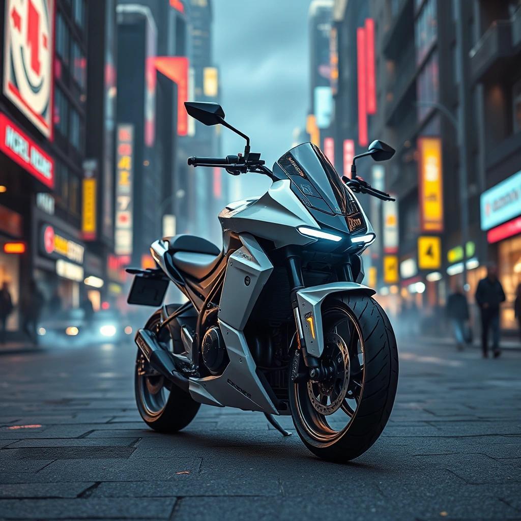 Image with seed 4027507509 generated via Stable Diffusion through @stablehorde@sigmoid.social. Prompt: sleek futuristic electric motorcycle in a dystopian cyberpunk city