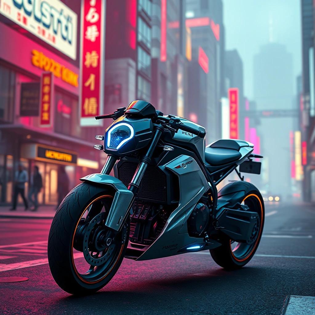 Image with seed 4027507509 generated via Stable Diffusion through @stablehorde@sigmoid.social. Prompt: sleek futuristic electric motorcycle in a dystopian cyberpunk city