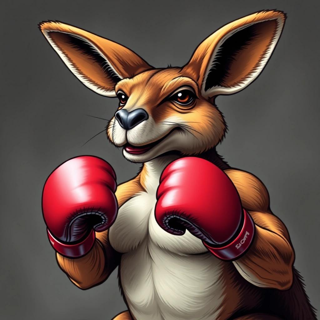 Image with seed 1581218365 generated via Stable Diffusion through @stablehorde@sigmoid.social. Prompt: a muscled kangaroo wearing boxing gloves