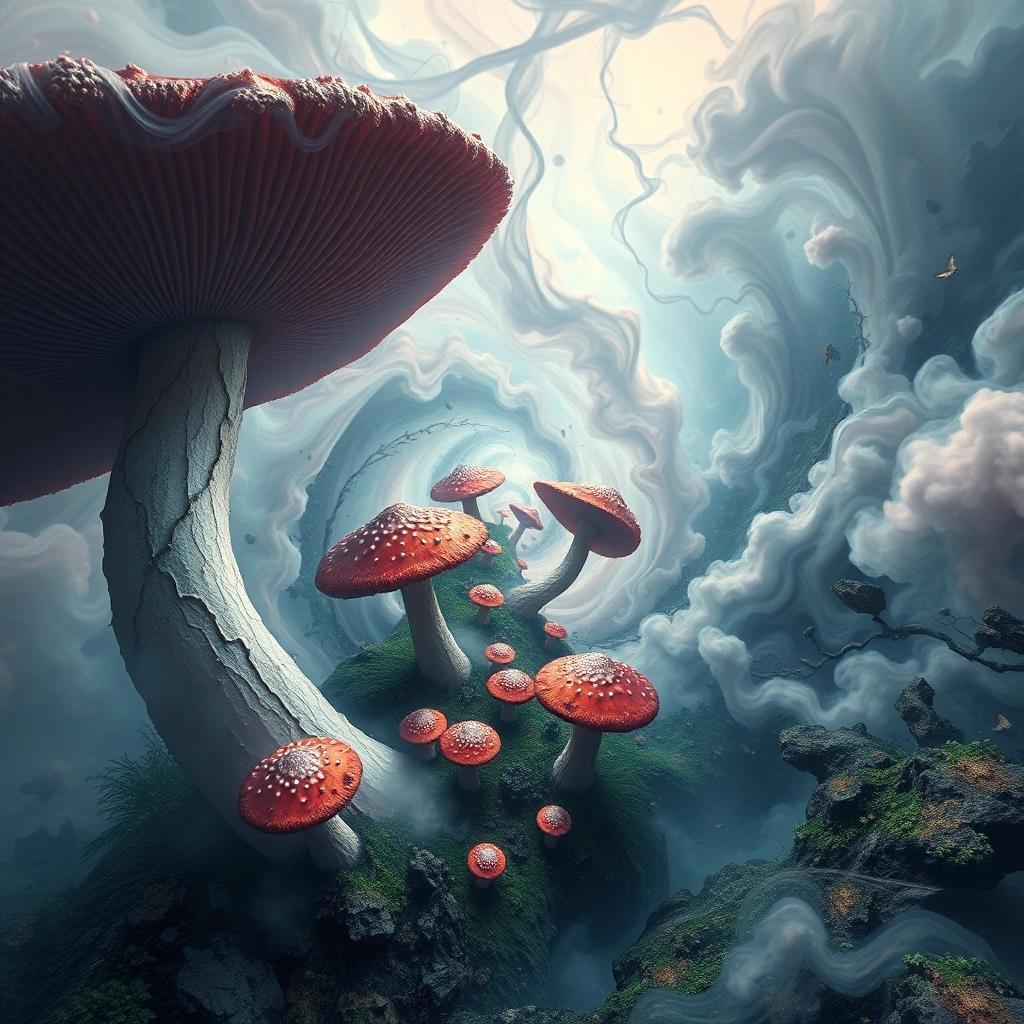 Image with seed 3464984787 generated via Stable Diffusion through @stablehorde@sigmoid.social. Prompt: spiral and dreamlike faery swirly landscape of giant mushrooms birdseye view, surreal swirling visuals with beautiful fractal smoke and fog, illustration with incredible detail, 8k, abstract, dark colors 