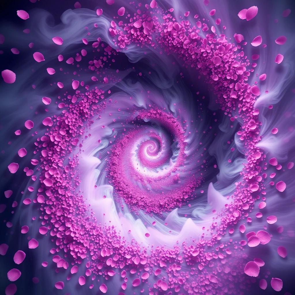 Image with seed 2224952911 generated via Stable Diffusion through @stablehorde@sigmoid.social. Prompt: spiral and dreamlike faery swirly landscape full of flower petals, birdseye view, surreal swirling visuals with beautiful fractal smoke and fog, illustration with incredible detail, 8k, abstract, dark colors 