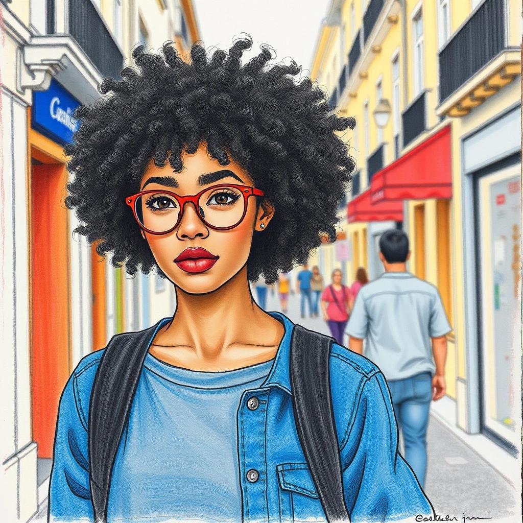 Image with seed 389597112 generated via Stable Diffusion through @stablehorde@sigmoid.social. Prompt: coloured pencil drawing of a young French woman of North African descent with a curly black mane and nerdy glasses walking through Marseille