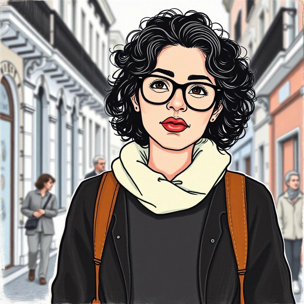 Image with seed 389597112 generated via Stable Diffusion through @stablehorde@sigmoid.social. Prompt: coloured pencil drawing of a young French woman of North African descent with a curly black mane and nerdy glasses walking through Marseille