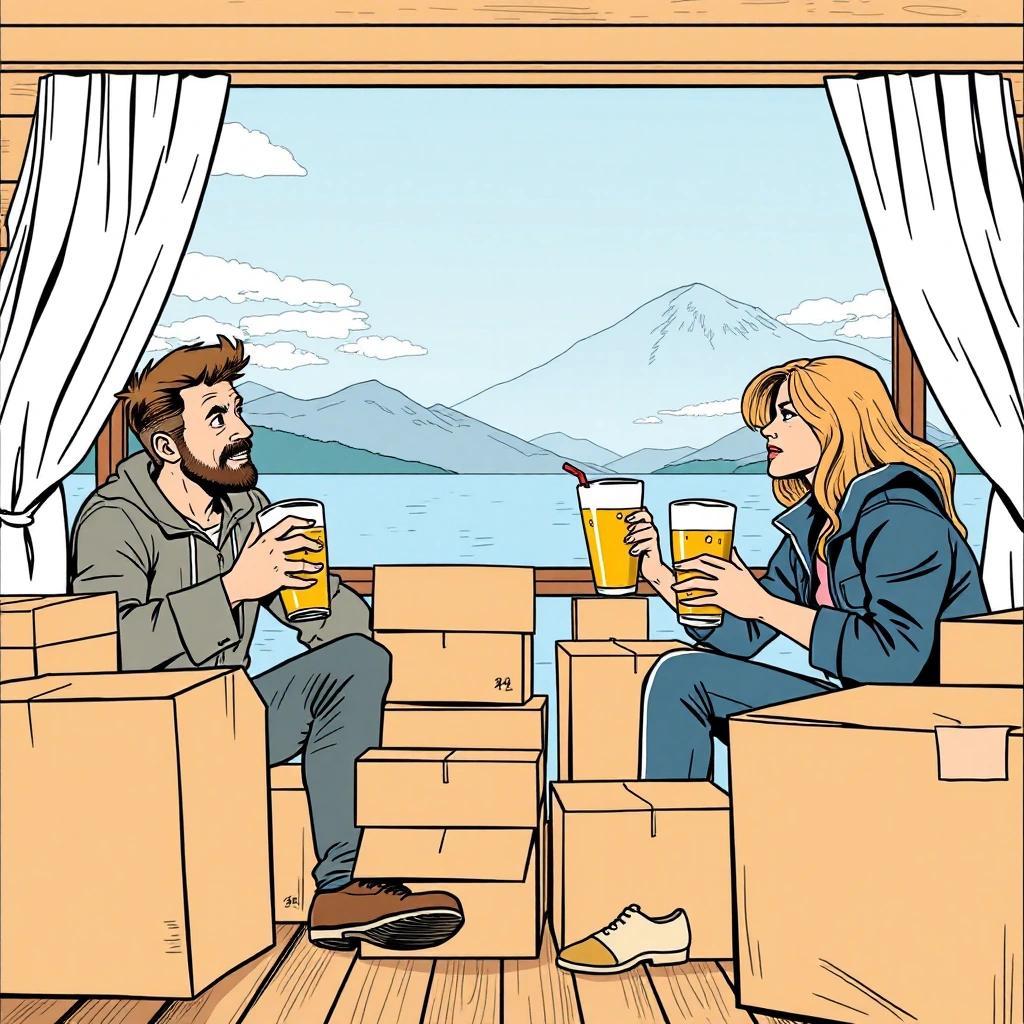 Image with seed 3923746021 generated via Stable Diffusion through @stablehorde@sigmoid.social. Prompt: two men and one beautiful woman drinking west coast ipa on Lake Constance, surrounded by boxes while moving into a new house. Style comic book