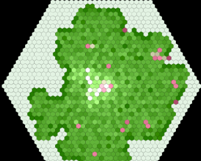 A hexagonal grid with colored cells. A green blob has grown from the center outwards into an irregular shape.