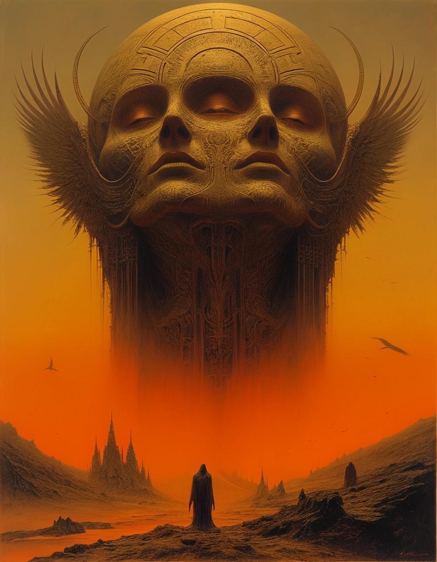 Image with seed 124224143 generated via Stable Diffusion through @stablehorde@sigmoid.social. Prompt: The Fate of the Gods, Zdzisław Beksiński, Luis Royo, Boris Vallejo, Peter Gric, Julie Bell, Kris Kuksi, Kunstkrake 