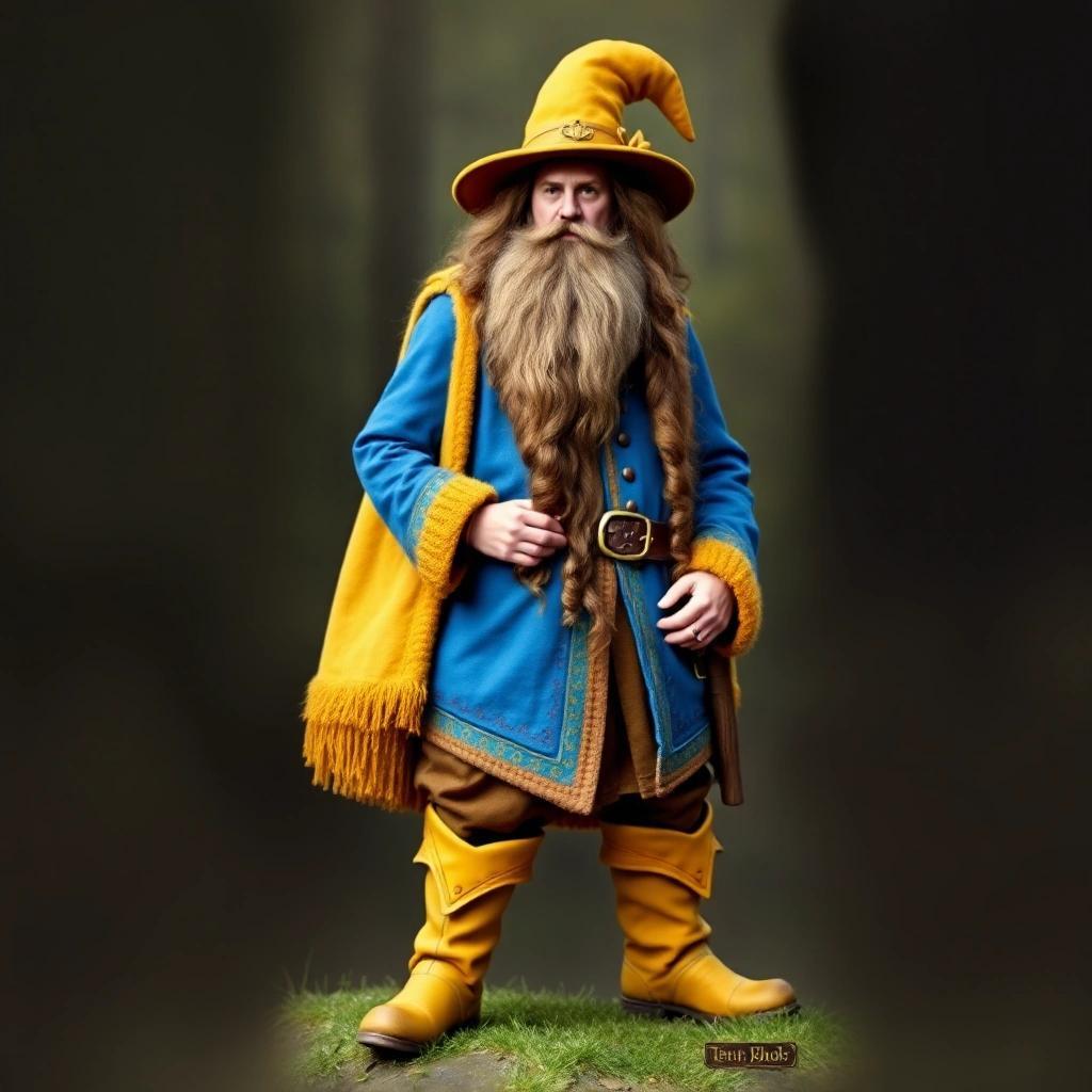 Image with seed 3657640002 generated via Stable Diffusion through @stablehorde@sigmoid.social. Prompt: Tom Bombadil, merry fellow, bright blue jacket, yellow boots, big hat, long curly brown hair, long curly beard, Middle-Earth, fantasy