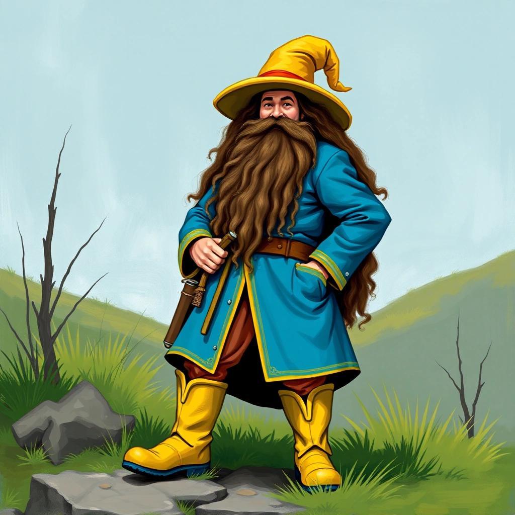 Image with seed 3657640002 generated via Stable Diffusion through @stablehorde@sigmoid.social. Prompt: Tom Bombadil, merry fellow, bright blue jacket, yellow boots, big hat, long curly brown hair, long curly beard, Middle-Earth, fantasy