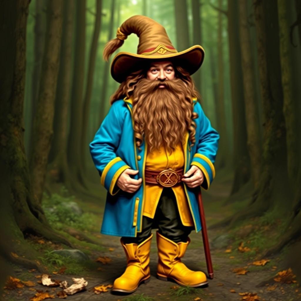 Image with seed 699191156 generated via Stable Diffusion through @stablehorde@sigmoid.social. Prompt: Tom Bombadil, merry fellow, bright blue jacket, yellow boots, big hat, long curly brown hair, long curly beard, Old Forest, Middle-Earth, fantasy