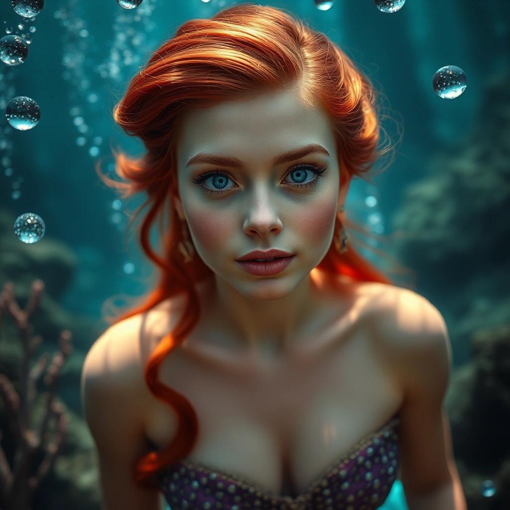 Image with seed 3124705759 generated via Stable Diffusion through @stablehorde@sigmoid.social. Prompt: actress natalie dormer as the little mermaid, Ariel, under the sea.