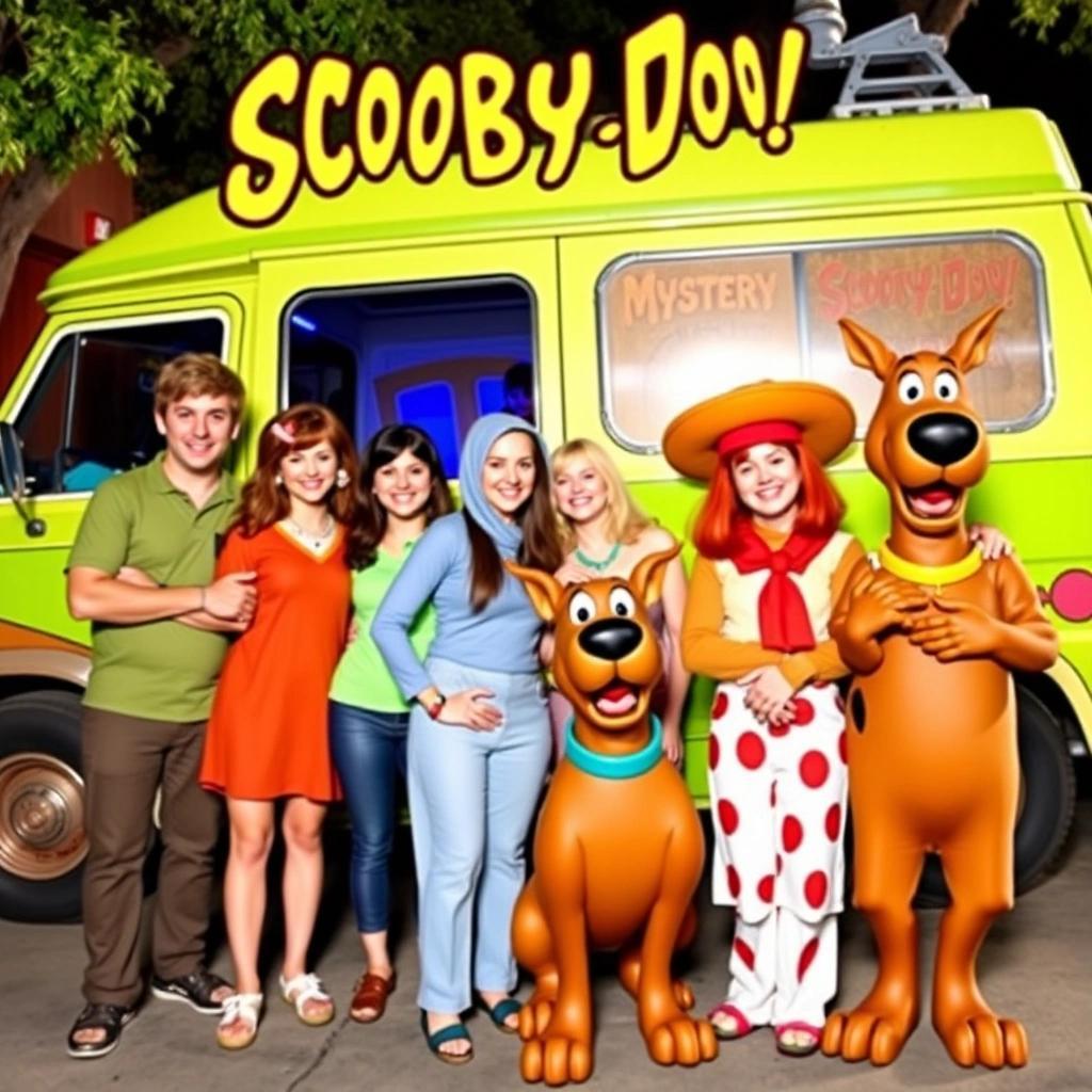 Image with seed 551854881 generated via Stable Diffusion through @stablehorde@sigmoid.social. Prompt: The scooby doo gang in front of the mystery machine with comedian Theo Vaughn as Shaggy, Documentarian Lauren Southern as Daphne, reporter Savannah Hernandez as Velma, Podcaster Paul Joseph Watson as Fred, and comedian Rob Schneider as Scooby Doo