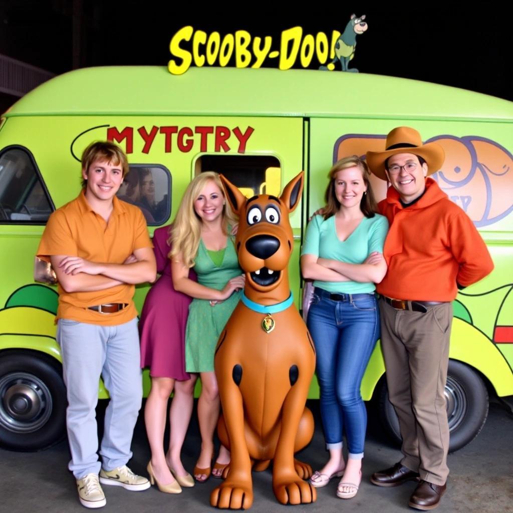 Image with seed 551854881 generated via Stable Diffusion through @stablehorde@sigmoid.social. Prompt: The scooby doo gang in front of the mystery machine with comedian Theo Vaughn as Shaggy, Documentarian Lauren Southern as Daphne, reporter Savannah Hernandez as Velma, Podcaster Paul Joseph Watson as Fred, and comedian Rob Schneider as Scooby Doo