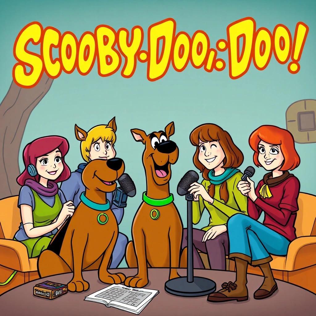 Image with seed 2591431014 generated via Stable Diffusion through @stablehorde@sigmoid.social. Prompt: The scooby doo gang doing a podcast.