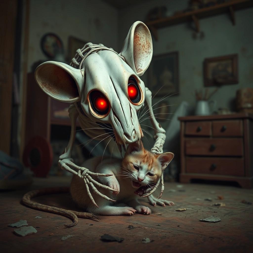 Image with seed 290504704 generated via Stable Diffusion through @stablehorde@sigmoid.social. Prompt: a photo realistic picture om a skeleton rat with red glowing eyes in dark eye sockets eating a small cat. Let the context be a dirty worn down childs room