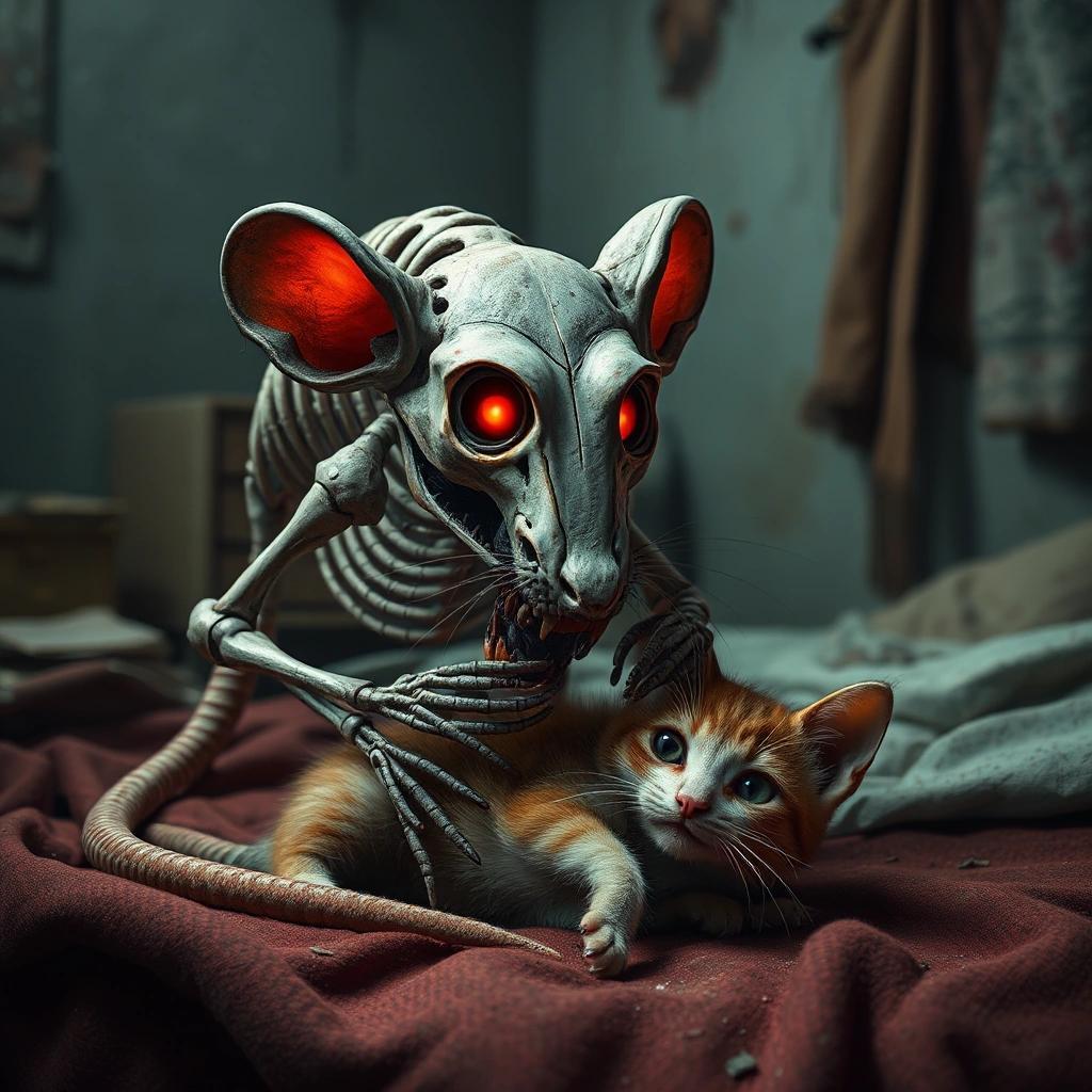 Image with seed 290504704 generated via Stable Diffusion through @stablehorde@sigmoid.social. Prompt: a photo realistic picture om a skeleton rat with red glowing eyes in dark eye sockets eating a small cat. Let the context be a dirty worn down childs room