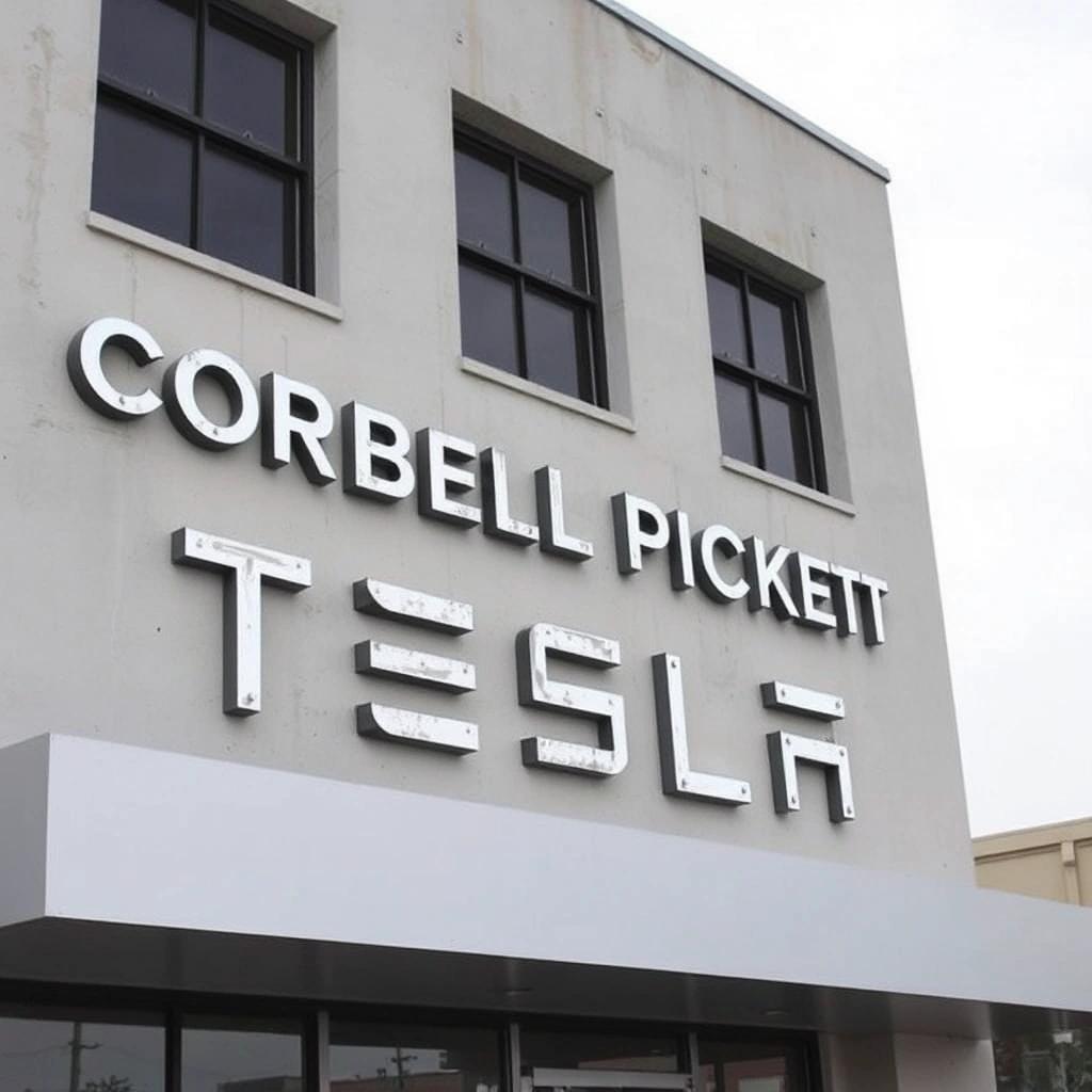 Image with seed 4278819825 generated via Stable Diffusion through @stablehorde@sigmoid.social. Prompt: It still said CORBELL PICKETT TESLA on the side of the building that had housed his dealership, but it said it in unpainted concrete, where the aluminum and carbon-fiber letters had come off.