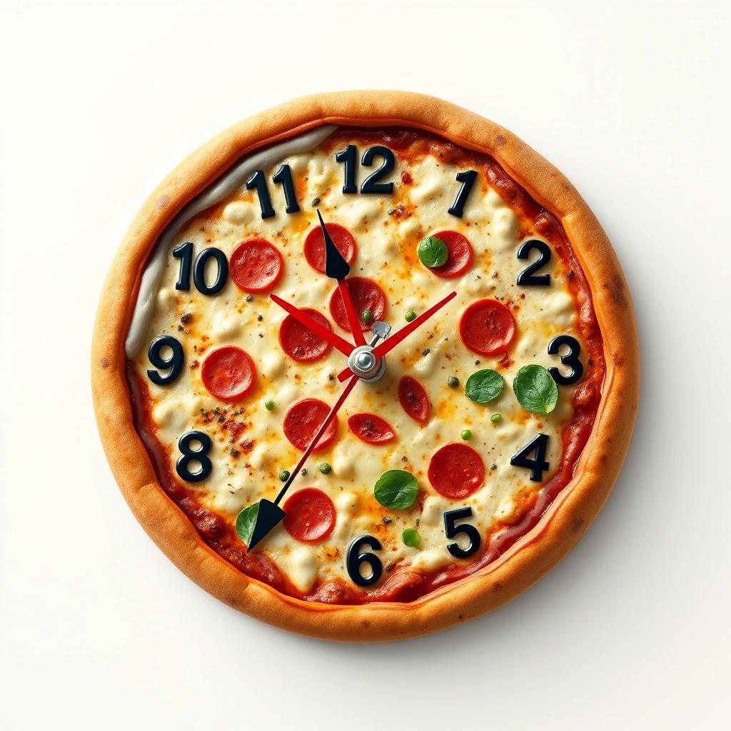 Image with seed 484810250 generated via Stable Diffusion through @stablehorde@sigmoid.social. Prompt: Pizza Time, a very delicious pizza which is also a clock, kitsch