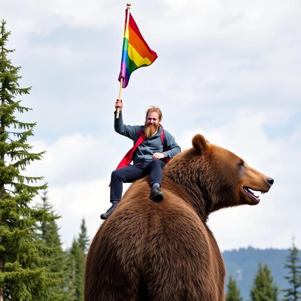 Image with seed 987732613 generated via Stable Diffusion through @stablehorde@sigmoid.social. Prompt: Scientist Holm Gero Hümmler Holding a rainbow flag while riding a giant bear.