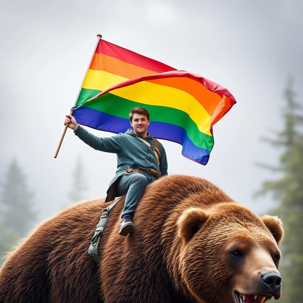 Image with seed 987732613 generated via Stable Diffusion through @stablehorde@sigmoid.social. Prompt: Scientist Holm Gero Hümmler Holding a rainbow flag while riding a giant bear.