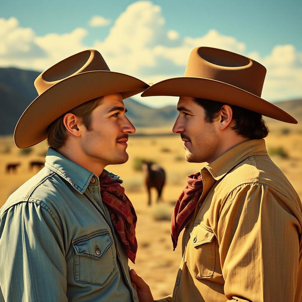 Image with seed 312758552 generated via Stable Diffusion through @stablehorde@sigmoid.social. Prompt: a romantic kitsch poster of two gay cowboys looking at each other, very much on love, wild west