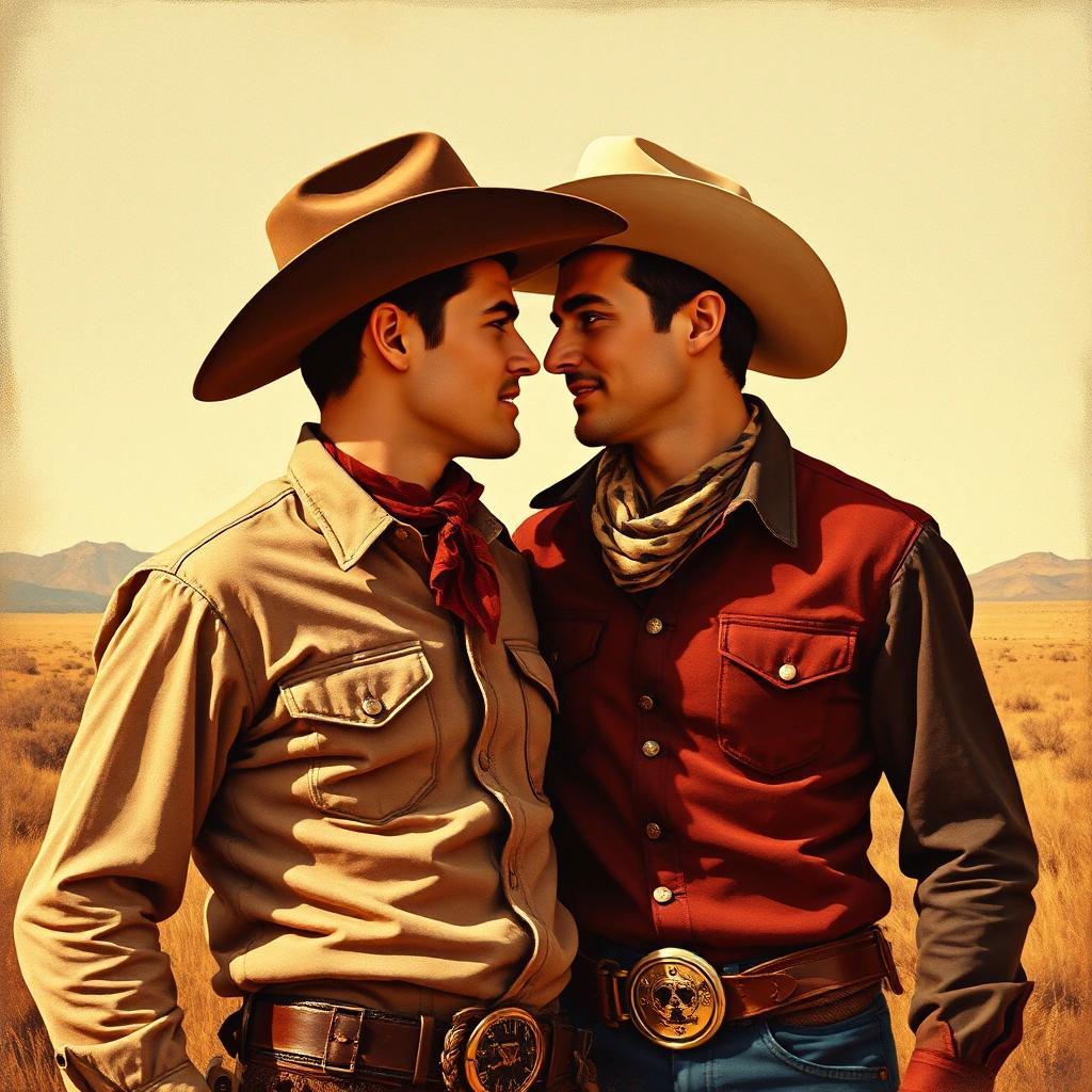 Image with seed 312758552 generated via Stable Diffusion through @stablehorde@sigmoid.social. Prompt: a romantic kitsch poster of two gay cowboys looking at each other, very much on love, wild west