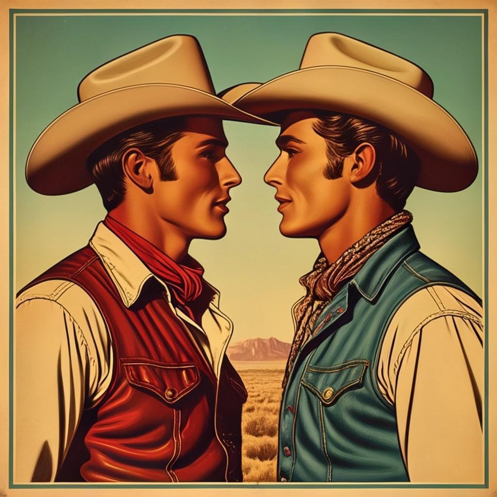 Image with seed 3527000405 generated via Stable Diffusion through @stablehorde@sigmoid.social. Prompt: a romantic kitsch poster of two gay cowboys looking at each other, very much in love, wild west 