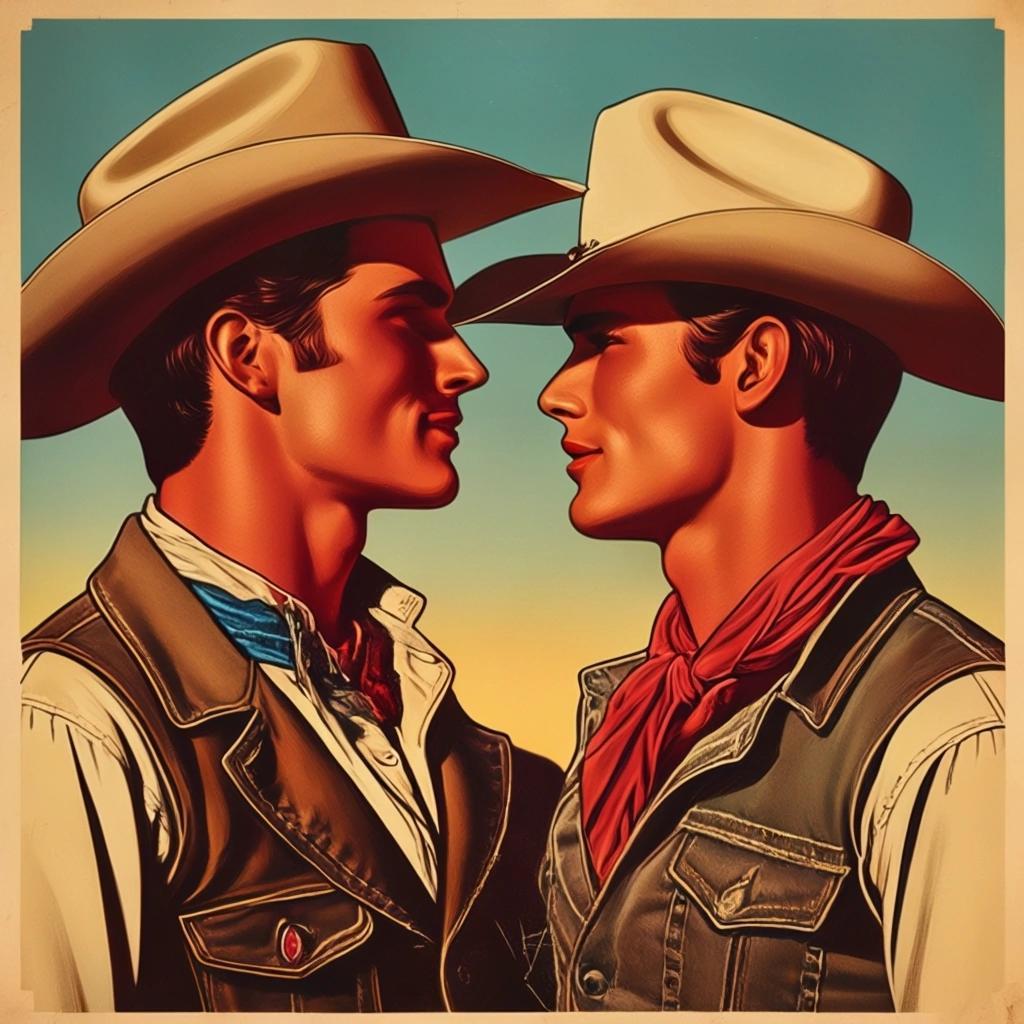 Image with seed 3527000405 generated via Stable Diffusion through @stablehorde@sigmoid.social. Prompt: a romantic kitsch poster of two gay cowboys looking at each other, very much in love, wild west 