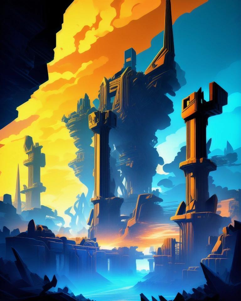 Image with seed 2888837039 generated via Stable Diffusion through @stablehorde@sigmoid.social. Prompt: In the style of Dan Mumford, "The Forge of Titans," a mythological-industrial scene with a massive abstract forge of sharp lines and planes. Towering Titans with cubist forms work amidst glowing machinery. A tetradic palette of blue, orange, green, and red highlights energy and heat. Dynamic composition, layered textures, bold strokes, vibrant, high-resolution, dramatic lighting.