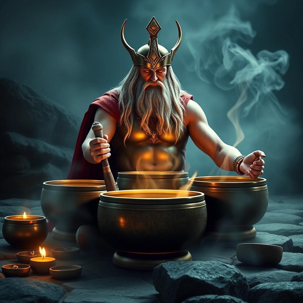 Image with seed 3255365852 generated via Stable Diffusion through @stablehorde@sigmoid.social. Prompt: calming singing bowls meditation music being played by THOR, GOD OF THUNDER
