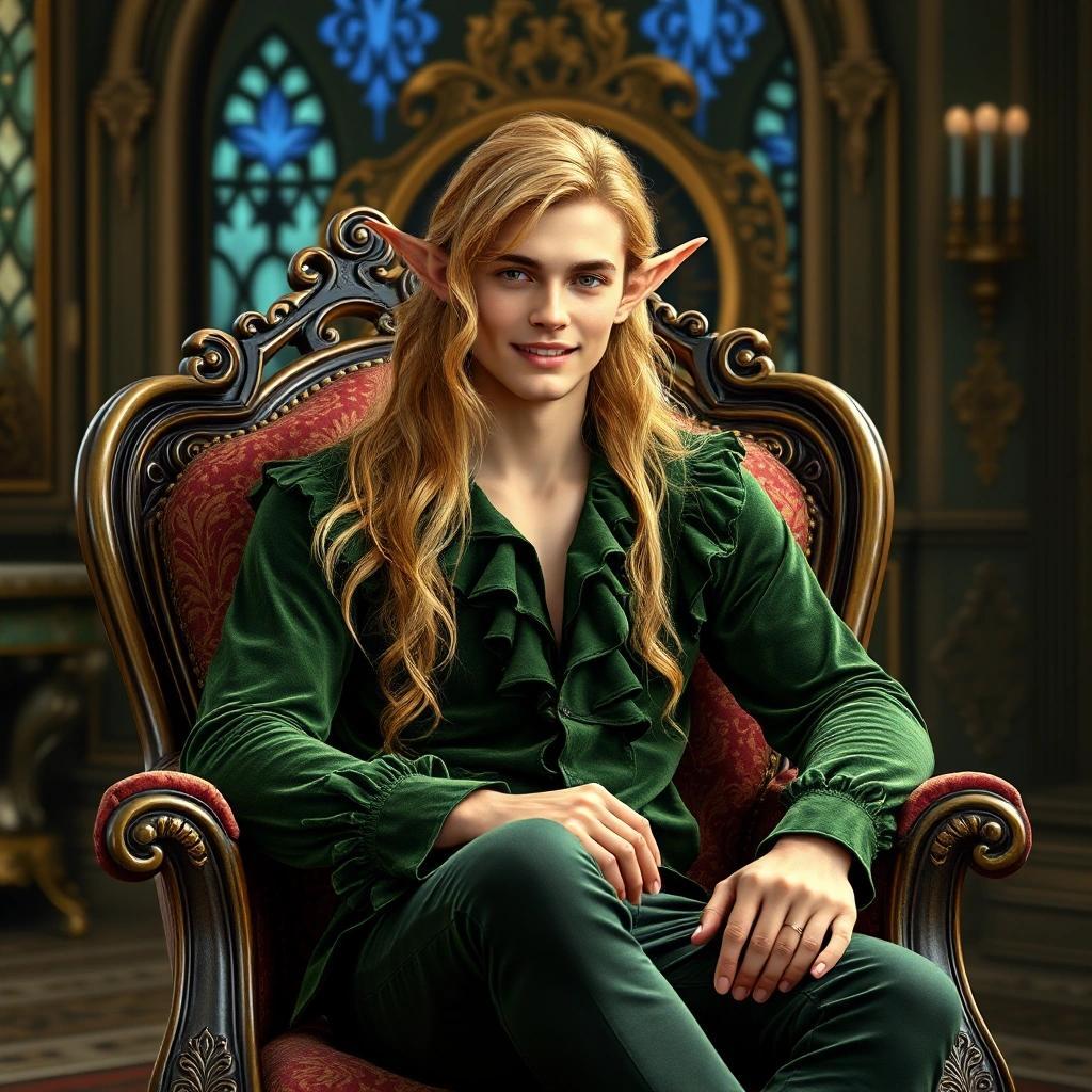 Image with seed 1654515124 generated via Stable Diffusion through @stablehorde@sigmoid.social. Prompt: Elven Prince, attractive young man with long golden hair, pointy ears, sitting on a luxurious Art Nouveau armchair in the High Elven Royal Palace, green velvet ruffled shirt, tight trousers, seductive smile