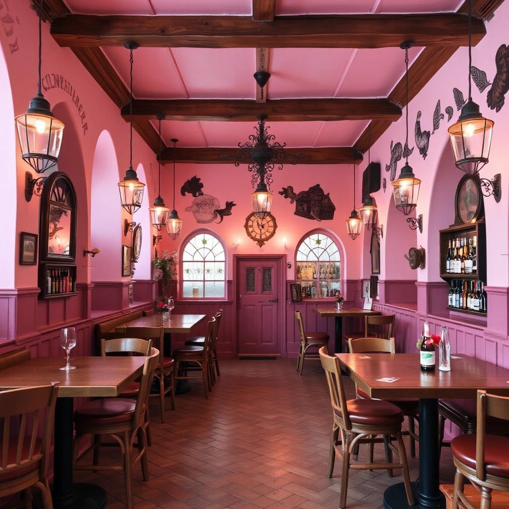 Image with seed 2730345725 generated via Stable Diffusion through @stablehorde@sigmoid.social. Prompt: a traditional German beer bar but everything is in muted pink