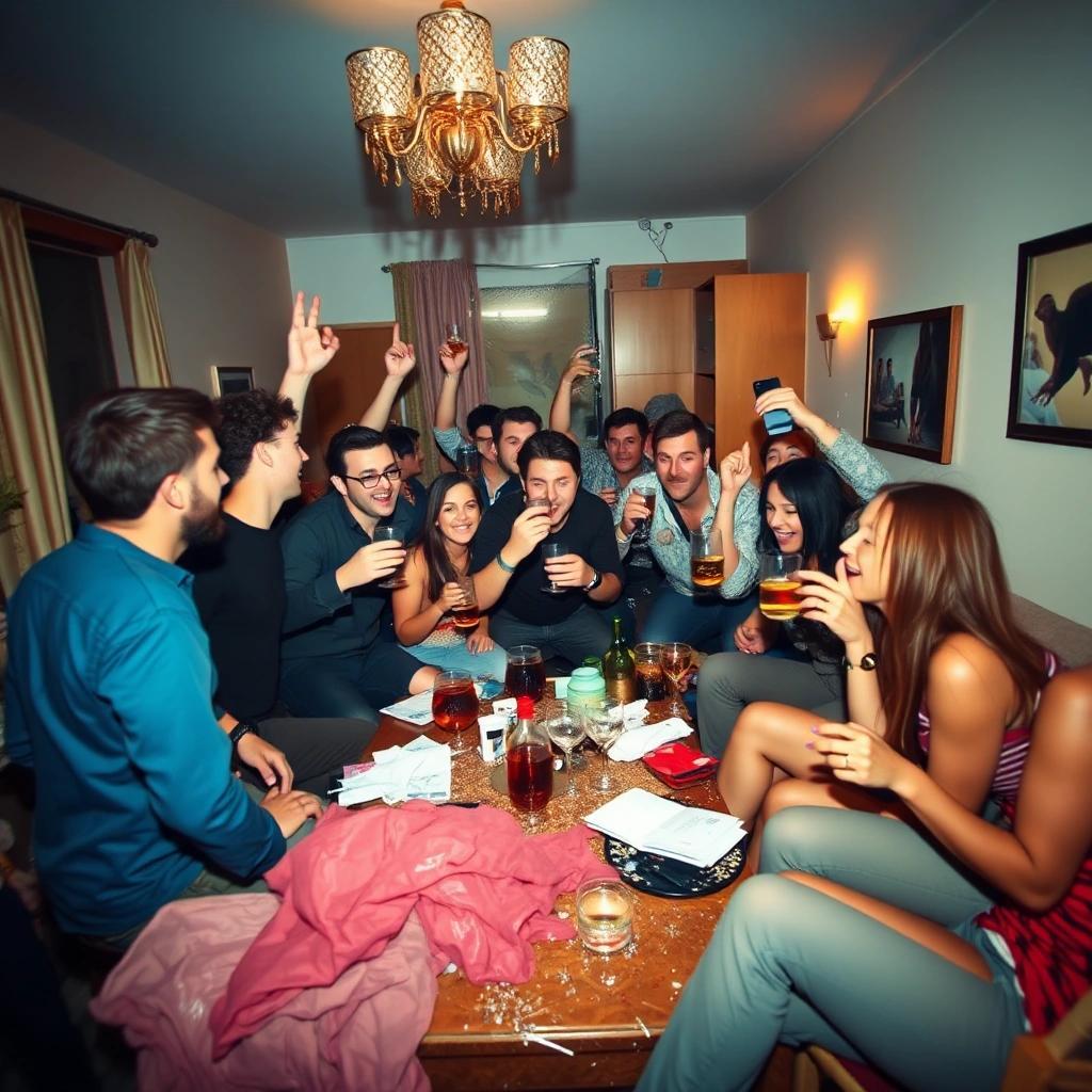 Image with seed 3863632626 generated via Stable Diffusion through @stablehorde@sigmoid.social. Prompt: a wild Party in an appartement with Lots of people that are drunk and having a great time. There is brocken furniture in the background.