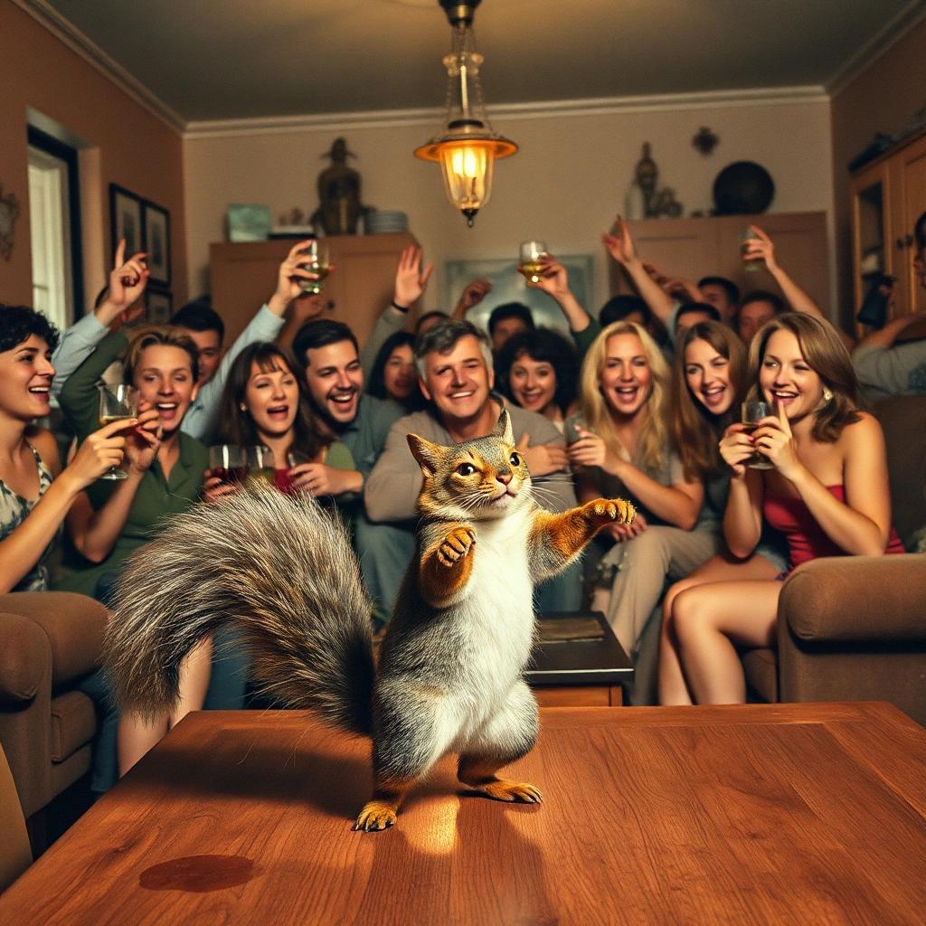 Image with seed 2881251770 generated via Stable Diffusion through @stablehorde@sigmoid.social. Prompt: a wild Party in an appartement with Lots of people in their forties that are drunk and having a great time. There is brocken furniture in the background. A squirrel and a cat are dancing on a table in the foreground.