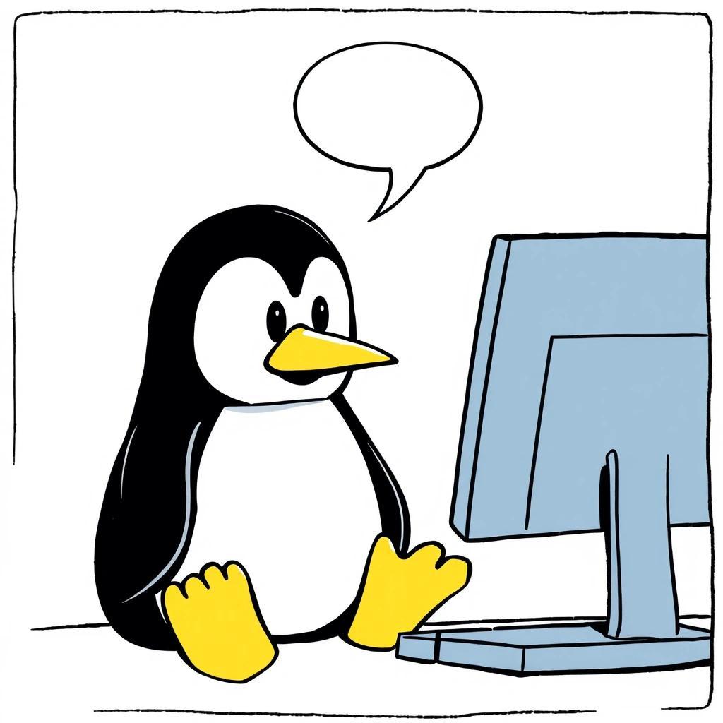 Image with seed 2837485966 generated via Stable Diffusion through @stablehorde@sigmoid.social. Prompt: comic book drawing of Tux the Linux penguin looking at a computer screen
