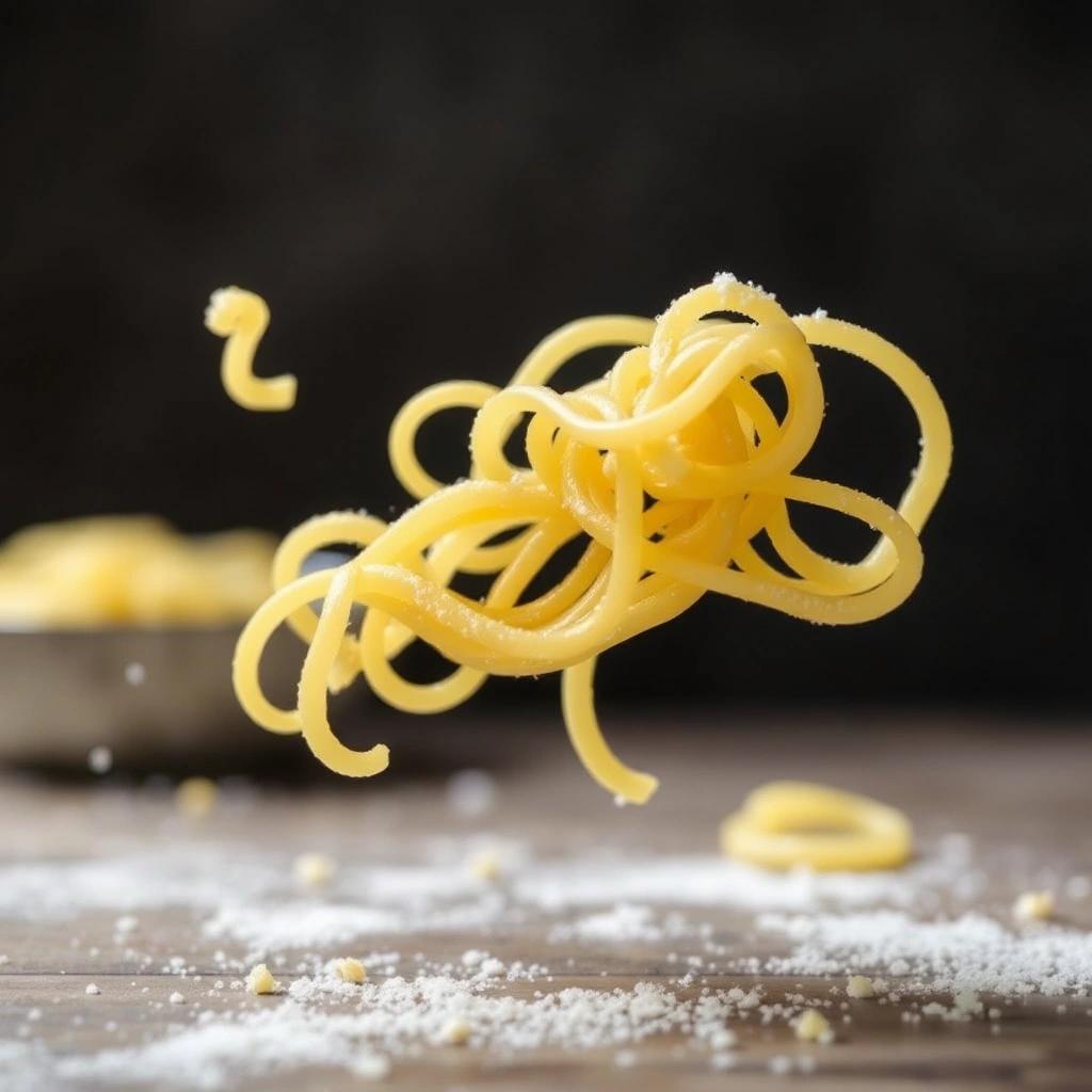 Image with seed 3360916953 generated via Stable Diffusion through @stablehorde@sigmoid.social. Prompt: a bunch of Swabian noodles called Spätzle which are running away