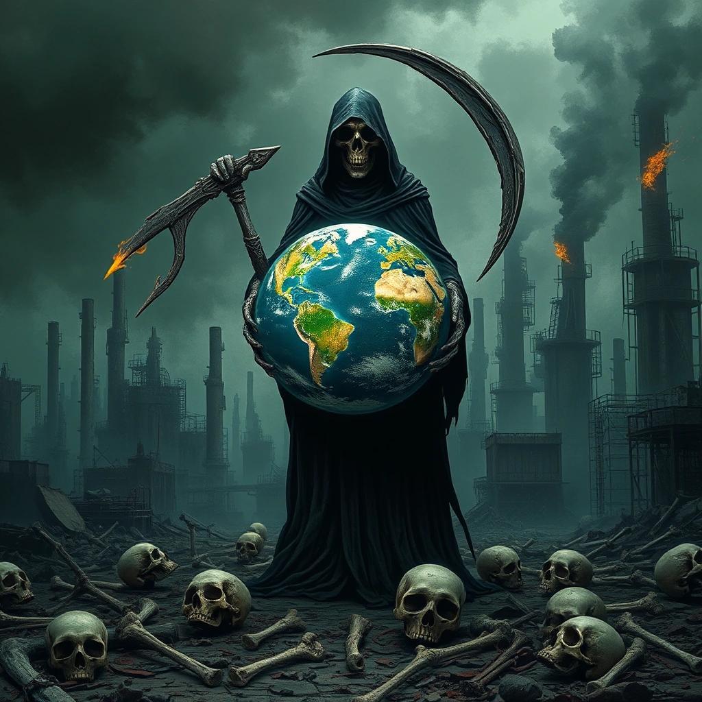 Image with seed 99138805 generated via Stable Diffusion through @stablehorde@sigmoid.social. Prompt: a picture of a dark dystopic world full of ruins and factories where the grim resper stands with the planet earth in its hands. There are old try bones and skulls on the ground. Let the grim reaper look close to how dementors in Harry Potter look like