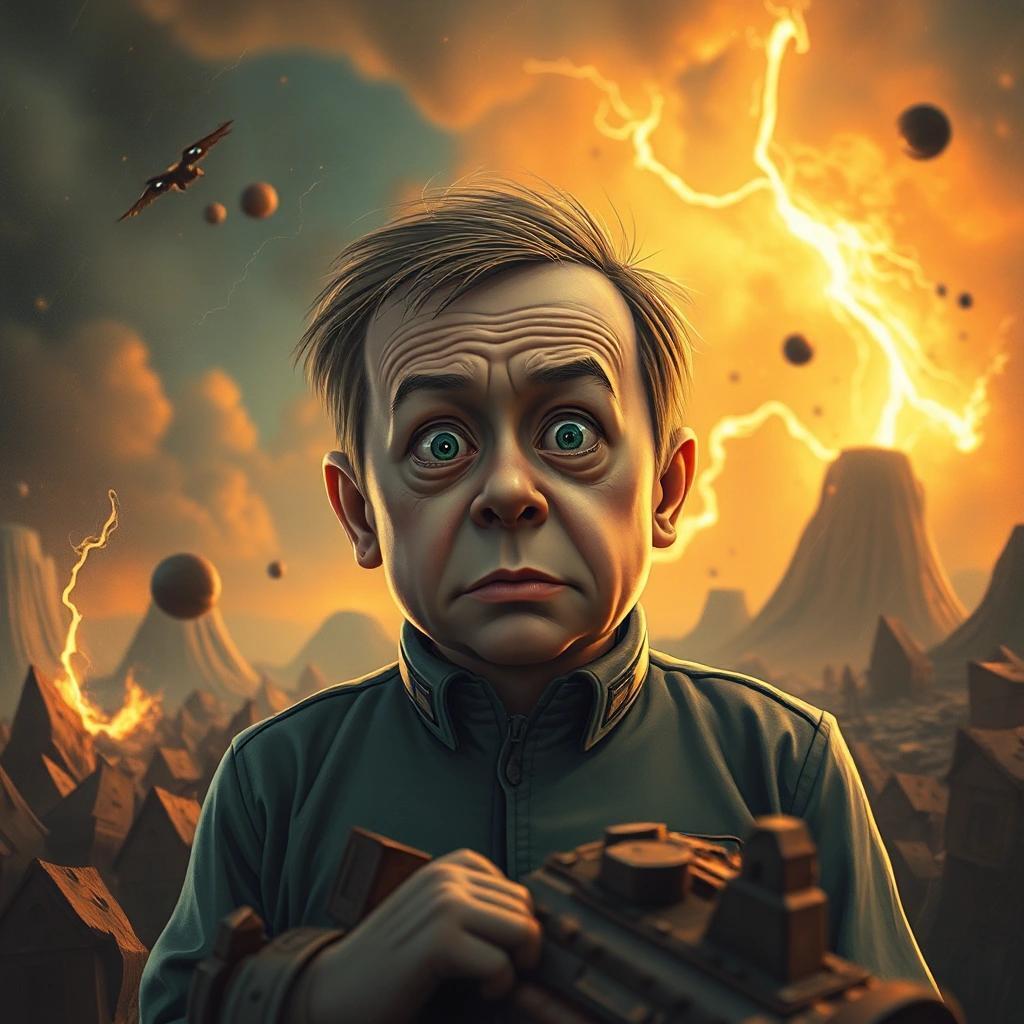Image with seed 869738087 generated via Stable Diffusion through @stablehorde@sigmoid.social. Prompt: a smal elon musk in panic over a world he killed.