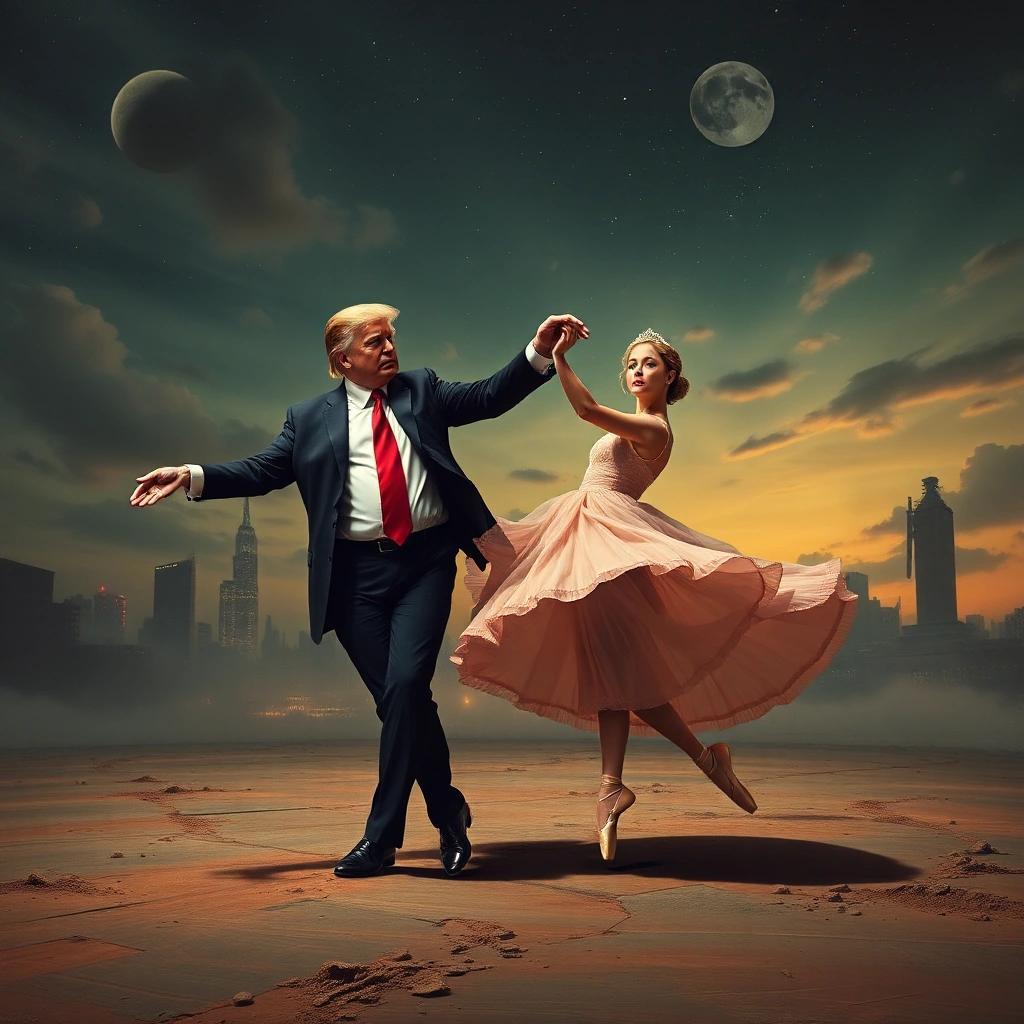 Image with seed 2327648815 generated via Stable Diffusion through @stablehorde@sigmoid.social. Prompt: Trump dancing ballet with Elon Musk: dystopia