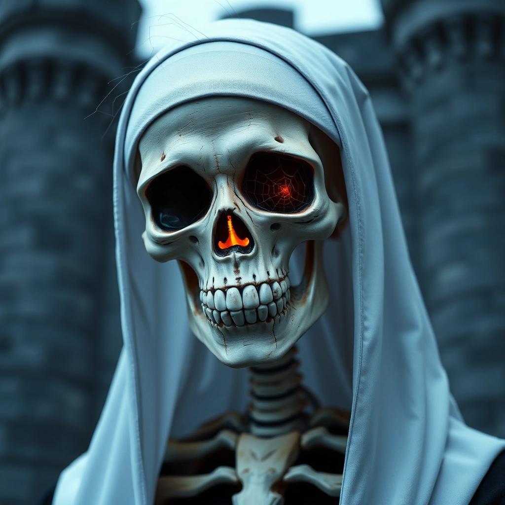 Image with seed 2007181385 generated via Stable Diffusion through @stablehorde@sigmoid.social. Prompt: a skelleton face with feamale features in a nuns habit. Put thin hair on the cranium and thin spider webb in the empty eye sockets and let a dim light shine from the eye sockets. Create a blue gray castle wall in the background