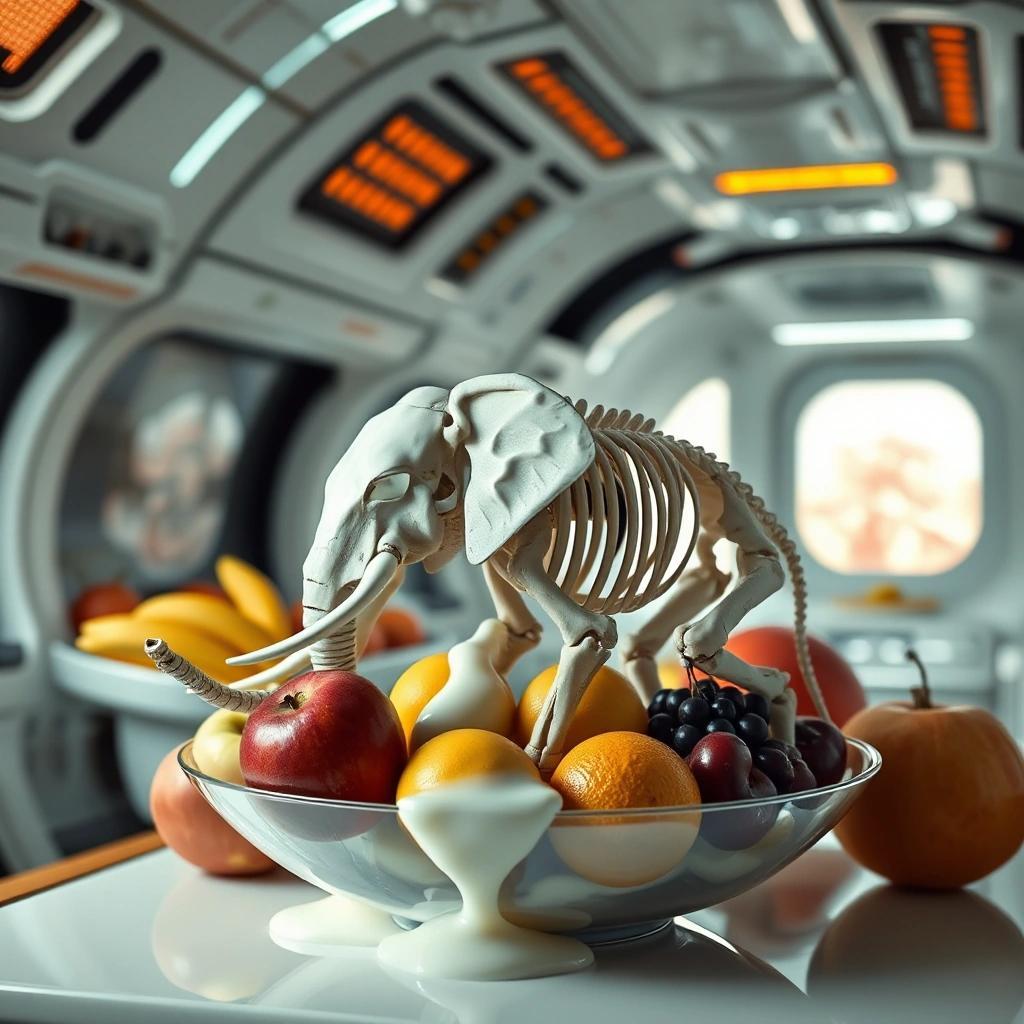 Image with seed 2312661654 generated via Stable Diffusion through @stablehorde@sigmoid.social. Prompt: a surrealist photo of a small elephant skeleton partly melting over the fruit in a fruit bowl. The context is a modern spaceship