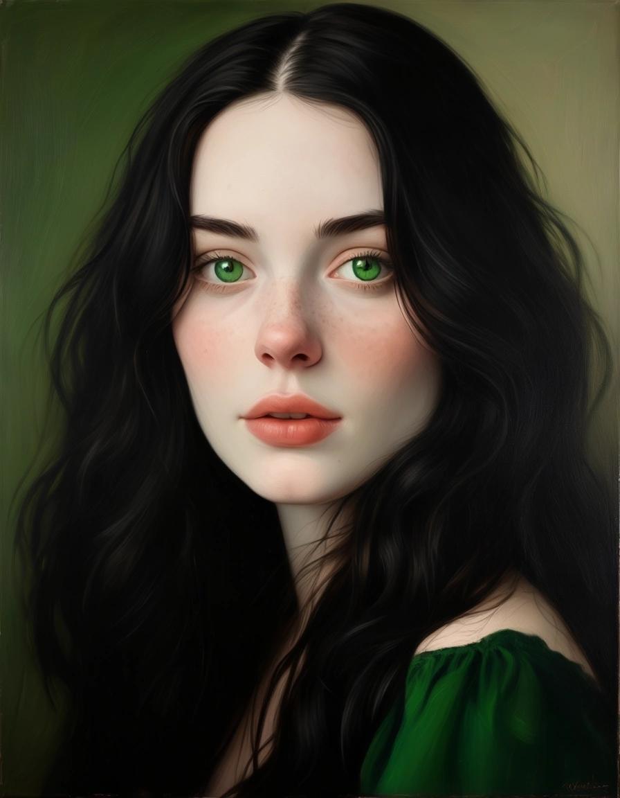 Image with seed 1135038751 generated via Stable Diffusion through @stablehorde@sigmoid.social. Prompt: Romantic oil painting, portrait of a young Irish woman with pale skin, rosy cheeks, beautiful green eyes, long black hair, dreamy, sensual 