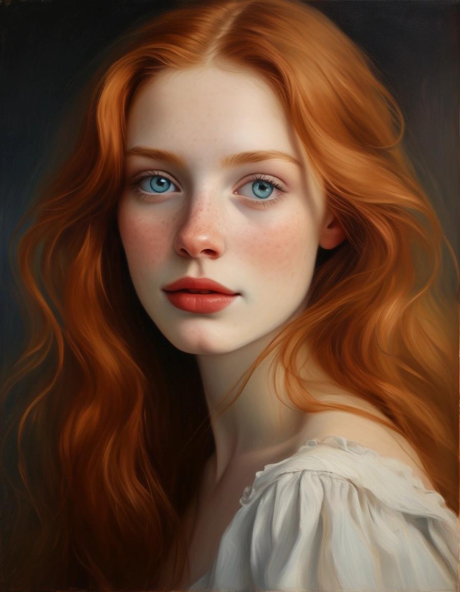 Image with seed 1333866163 generated via Stable Diffusion through @stablehorde@sigmoid.social. Prompt: Romantic oil painting, portrait of a young French woman with pale skin, rosy cheeks, beautiful blue eyes, long ginger hair, dreamy, sensual 
