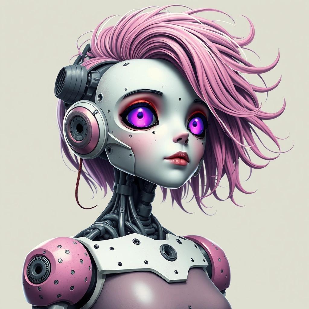 Image with seed 258119330 generated via Stable Diffusion through @stablehorde@sigmoid.social. Prompt: a crazy robot girl with hair