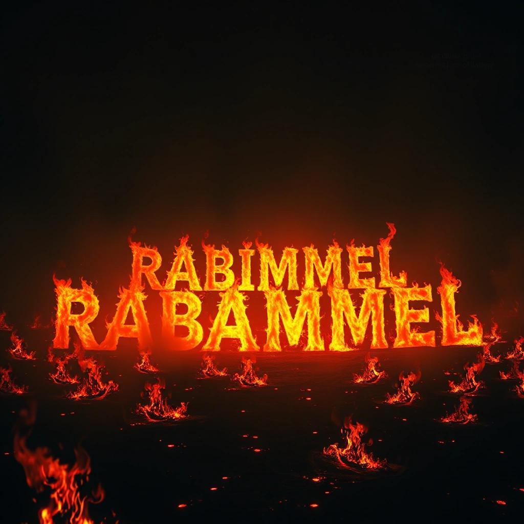 Image with seed 1934717717 generated via Stable Diffusion through @stablehorde@sigmoid.social. Prompt: a flaming hell scenario in which the words "RABIMMEL RABAMMEL" appear, aspect ratio 1:3