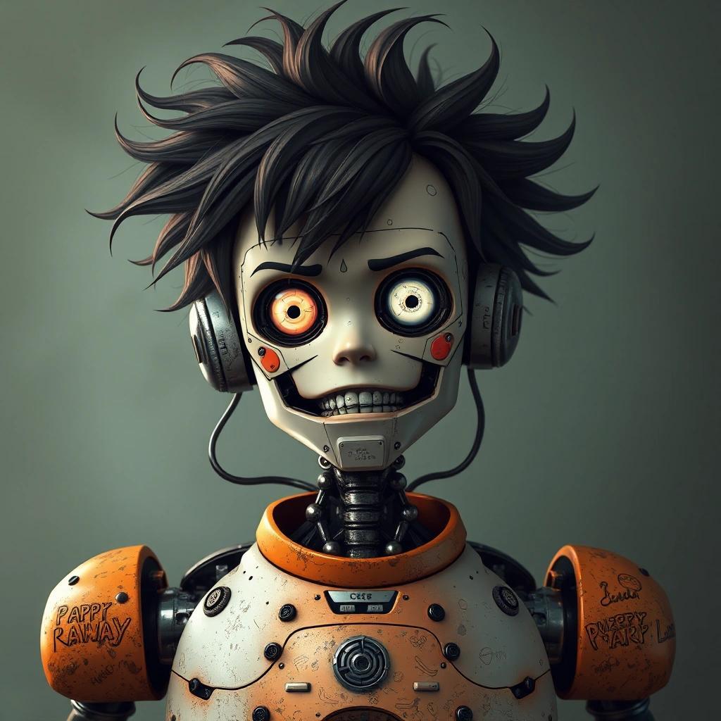 Image with seed 2665937372 generated via Stable Diffusion through @stablehorde@sigmoid.social. Prompt: a crazy robot boy with hair