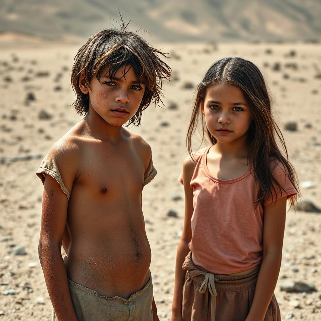 Image with seed 4038437151 generated via Stable Diffusion through @stablehorde@sigmoid.social. Prompt: a picture of a ragged teenage boy and a teenage girl in a barren landscape