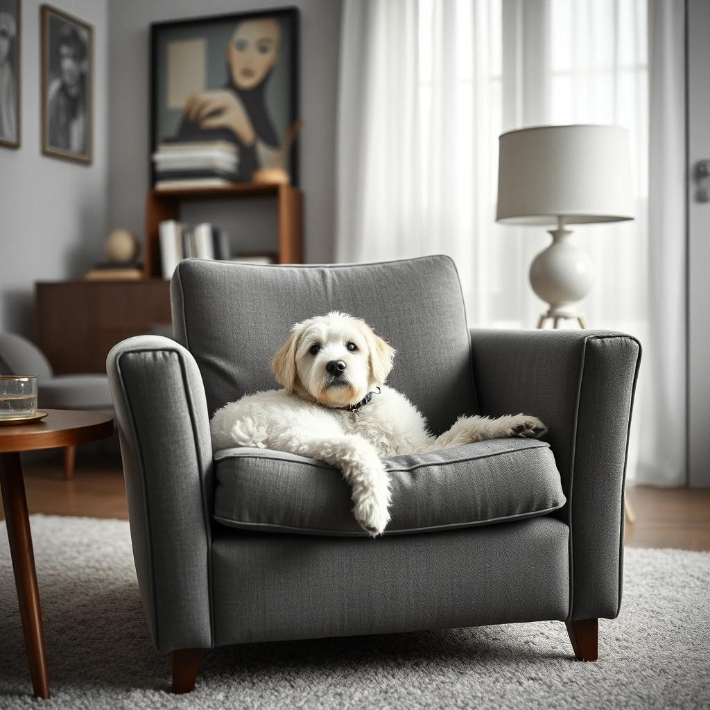 Image with seed 3832427939 generated via Stable Diffusion through @stablehorde@sigmoid.social. Prompt: a picture of a white dog lying in a gray armchair in a 1960's inspired room
