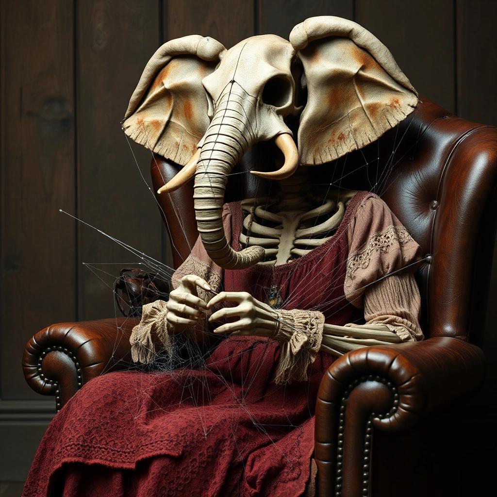 Image with seed 786664017 generated via Stable Diffusion through @stablehorde@sigmoid.social. Prompt: a woman with the head of an elephant skeleton head sitting in a rugged leather armchair knitting with spider web